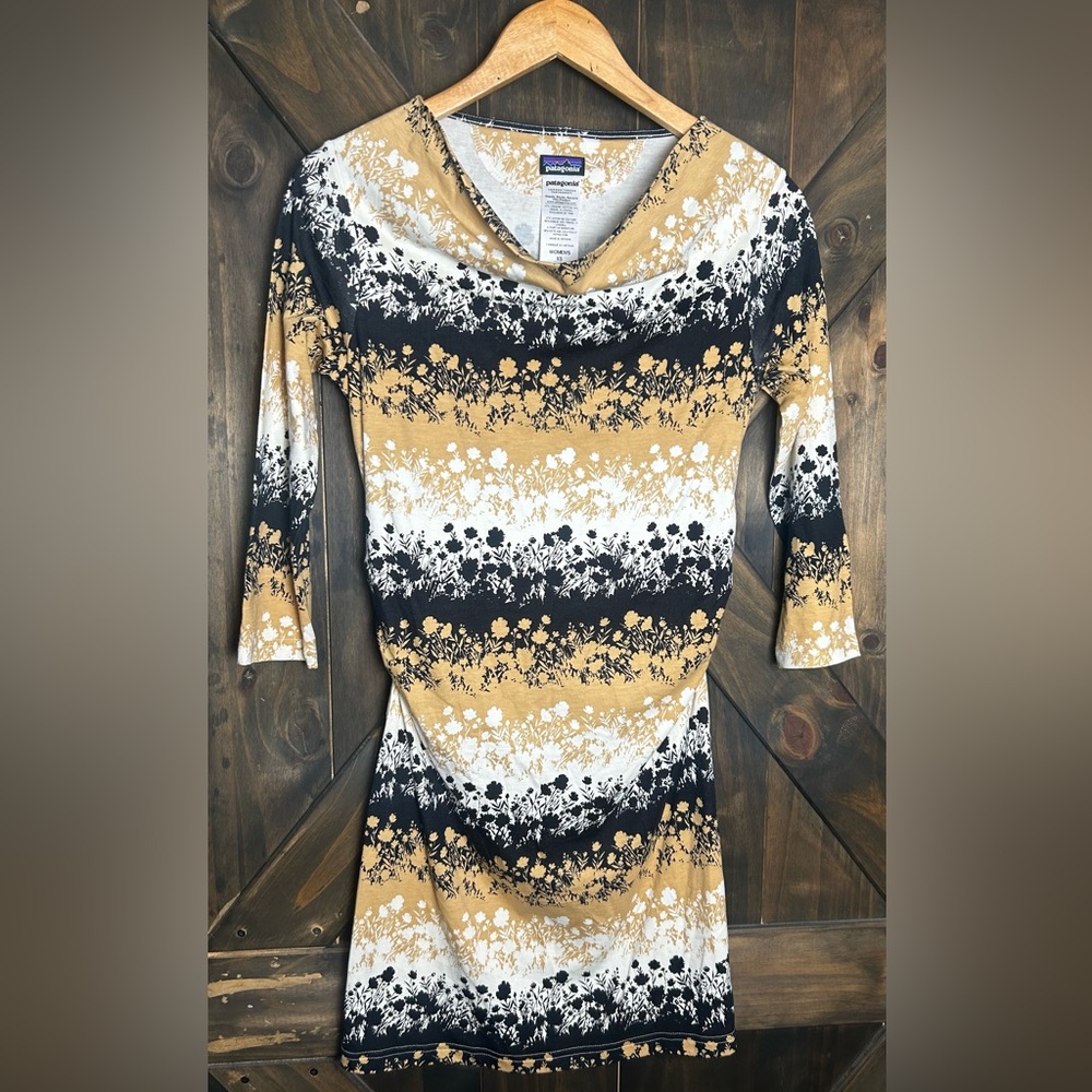 Patagonia Women’s XS Yellow Black White Floral Kamala Cowl Neck Dress 3/4 Sleeve